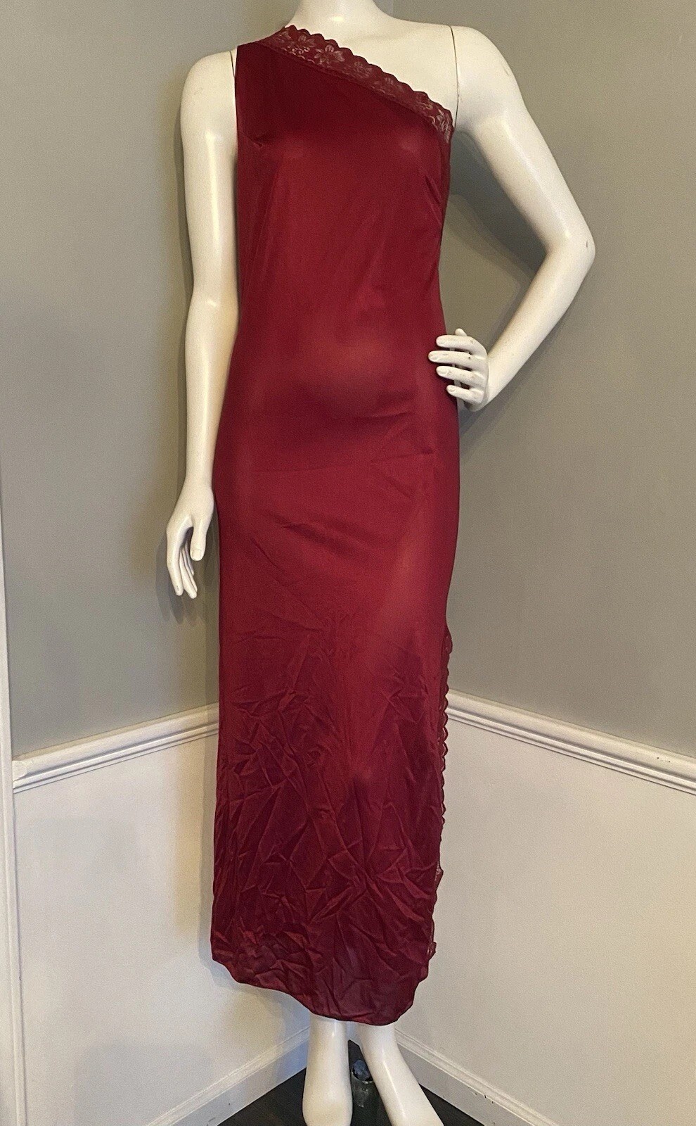 Vintage Movie Star One Shoulder Silky Nylon Lace Asymmetrical Slip Dress Size S