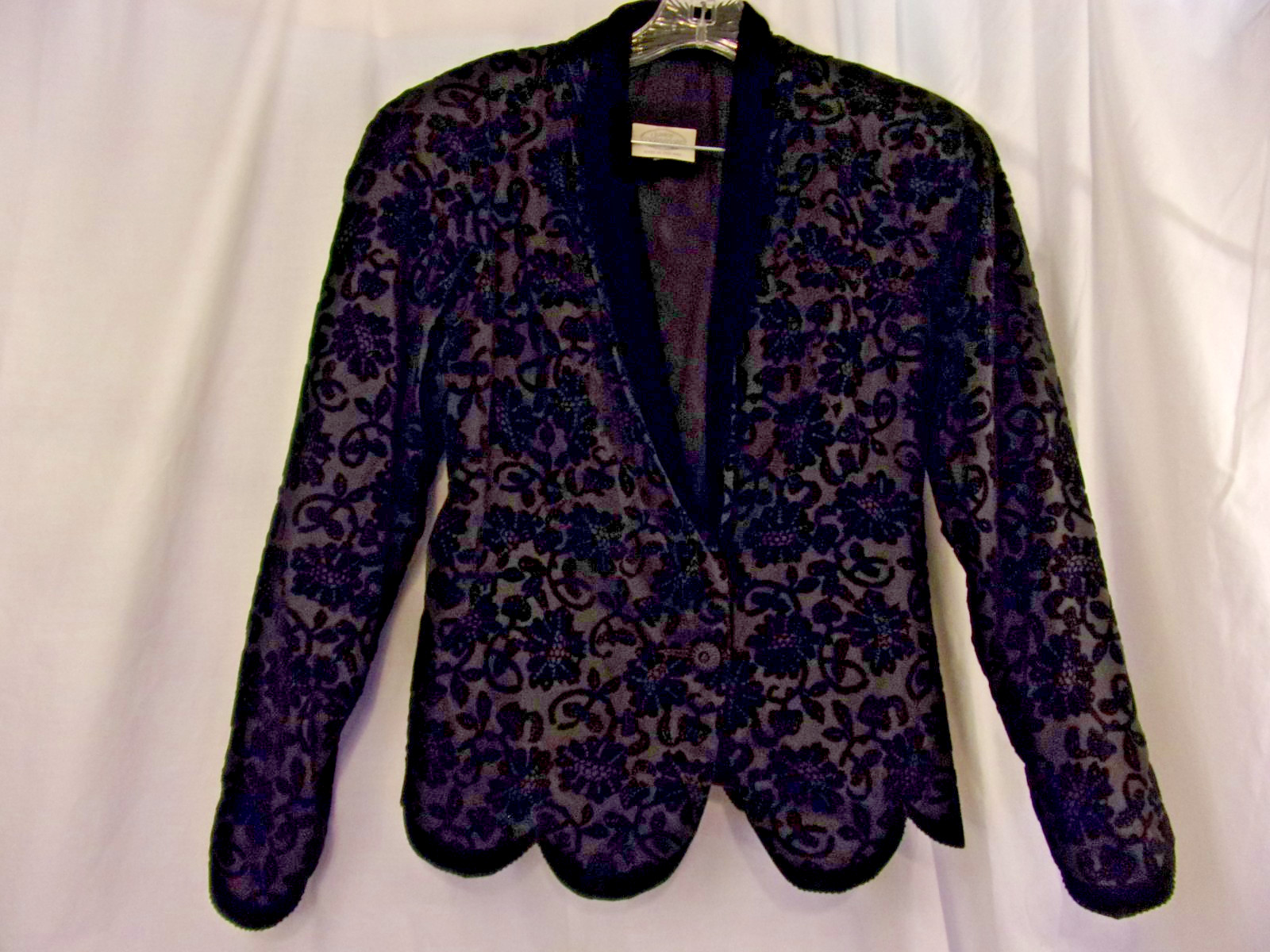 Vintage Janice Wainwright England Black Flocked Velvet Evening Jacket US 10