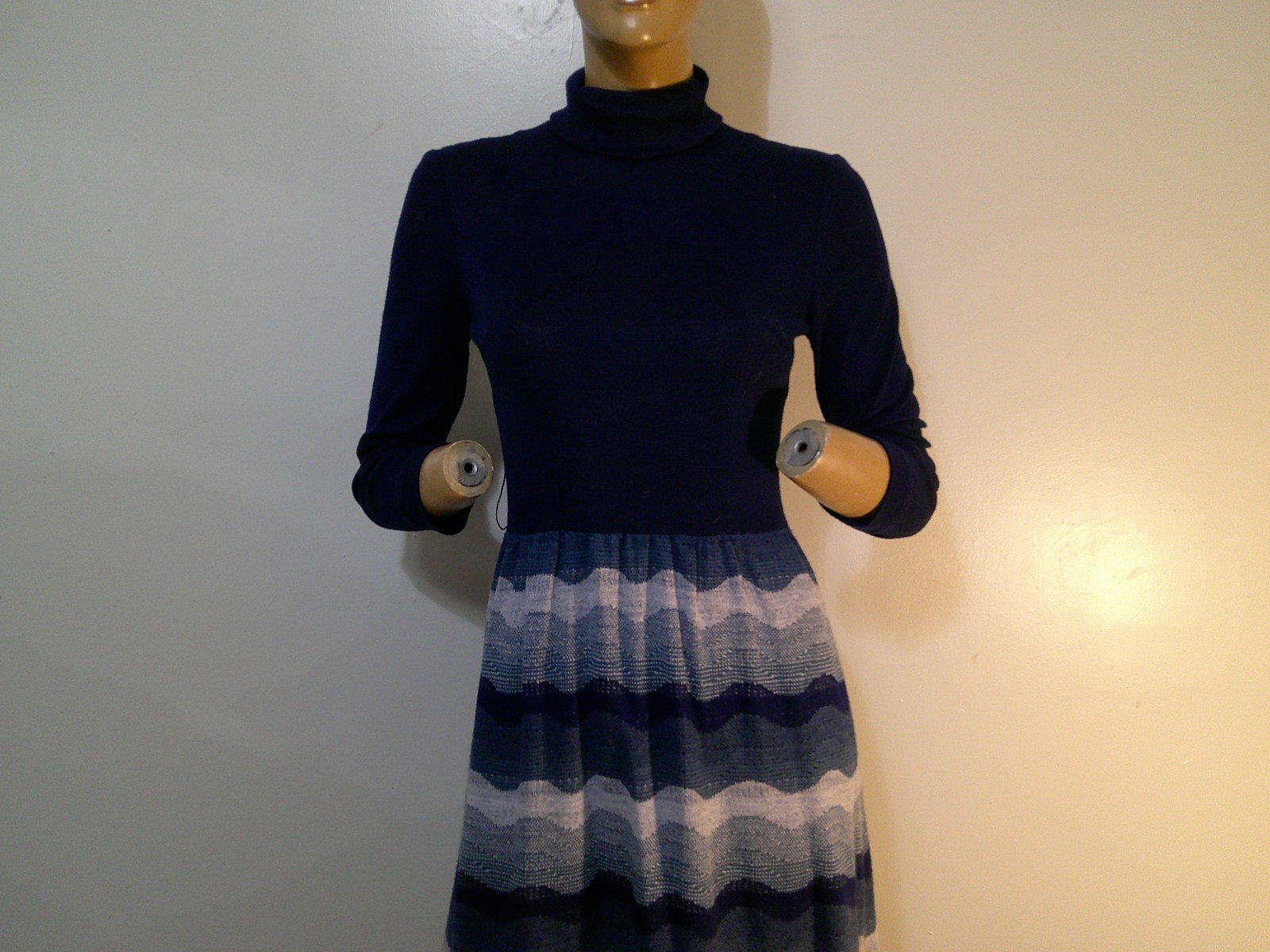 Vtg 60&rsquo;s / 70s MOD Turtleneck Blue Solid & Stripe Knit Flare Maxi Dress M