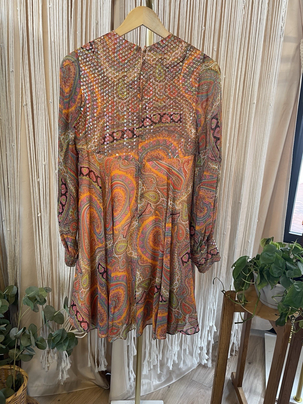 Vintage 60s/70s Lisa Meril Paisley Mini Dress sequin detail bright colors Disco