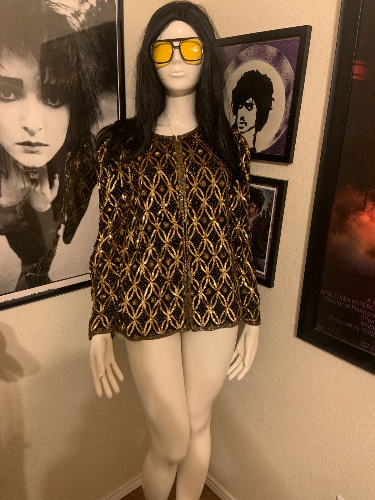 VTG Sequin Hi Fashion XL Sequined Beaded Silk Womens Jacket black & gold plus Sz