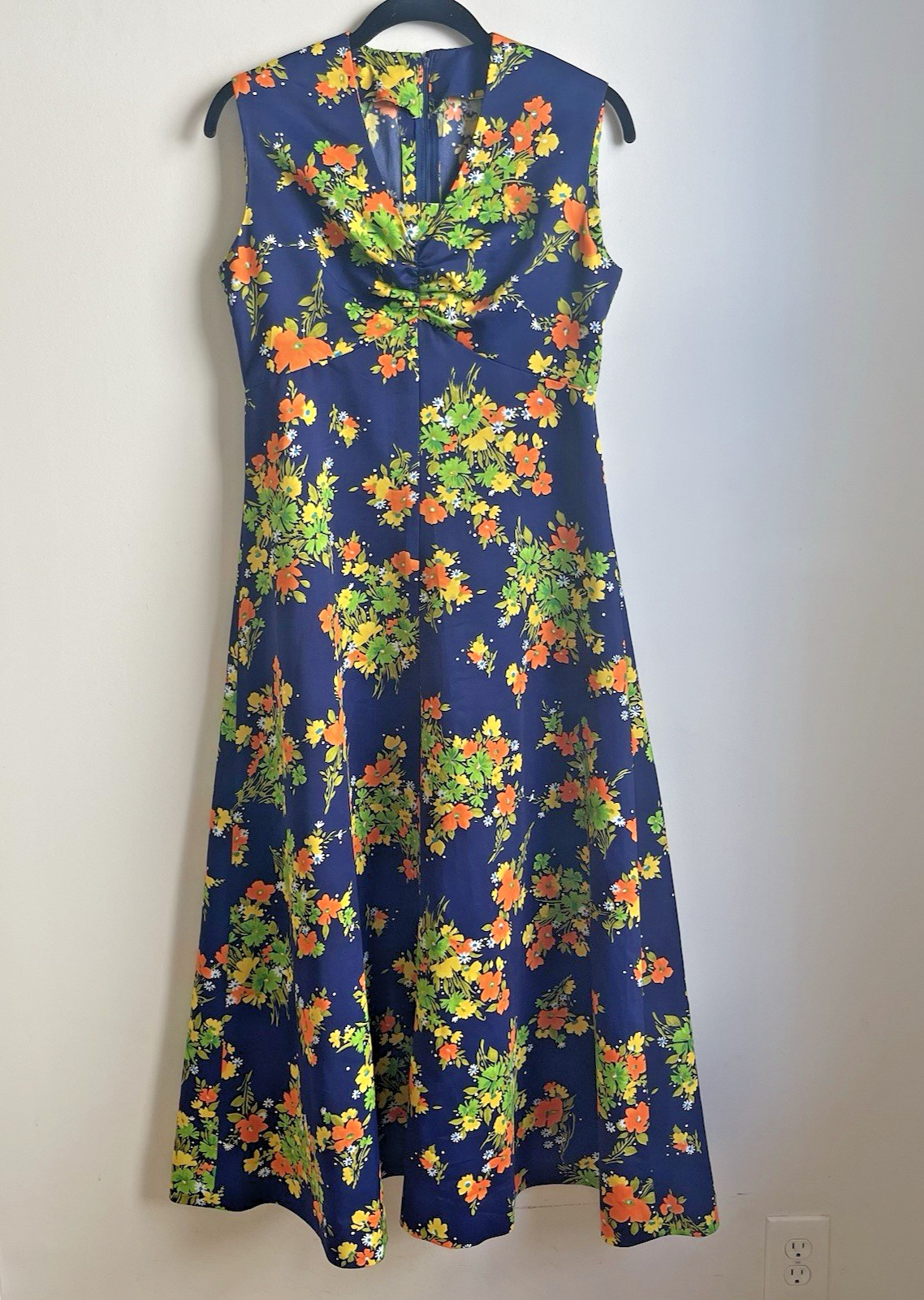 Vintage Handmade 70s Floral Midi Dress Navy Blue Orange Green Hippy Boho Large
