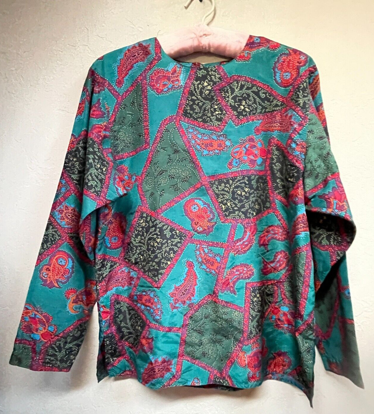 Rafaella Womens Small Long Sleeve Mixed Paisley Print Silk Blouse Top Multicolor