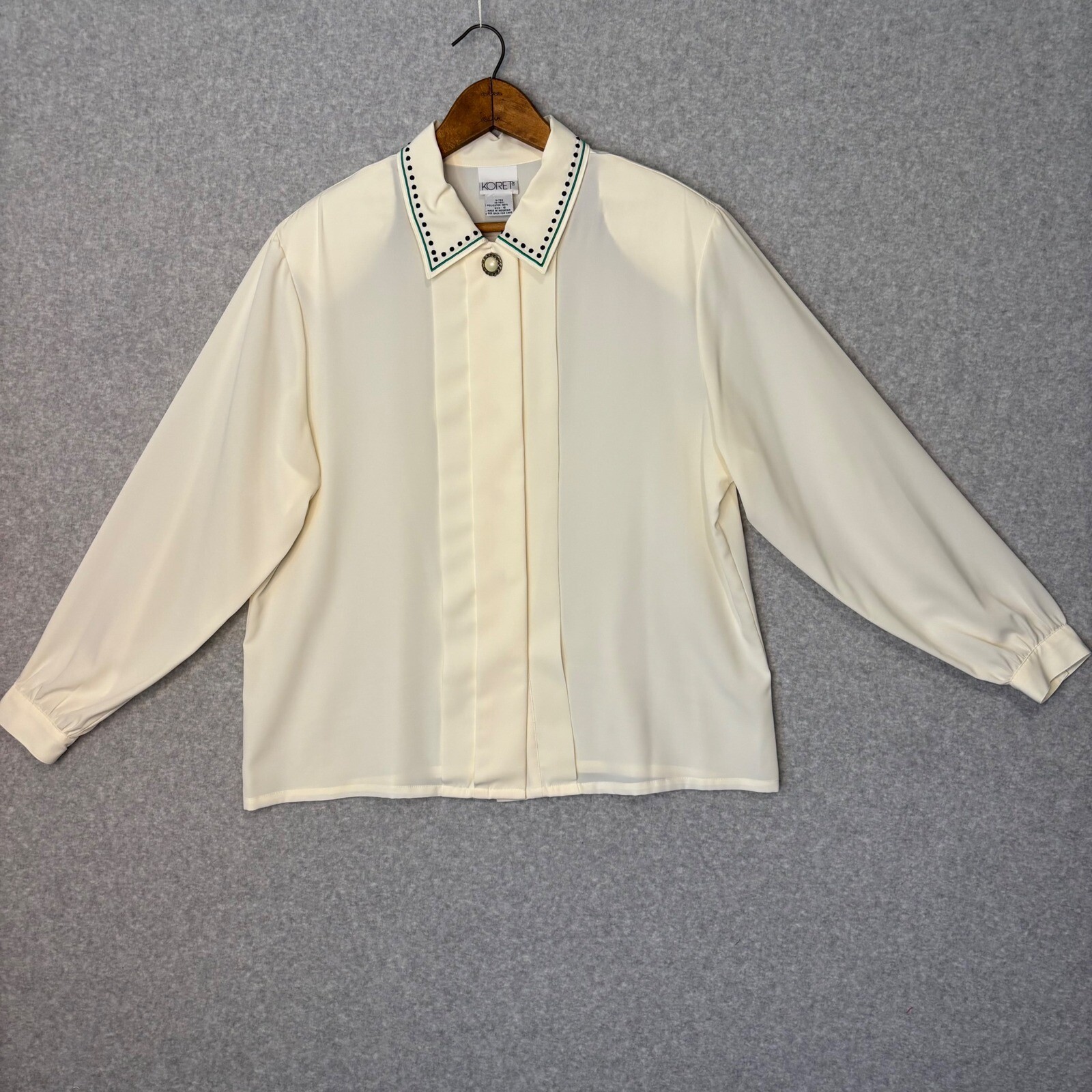 Koret Women&rsquo;s 16 Button Down Blouse Ivory Green Blue Hidden Button Vintage 80s