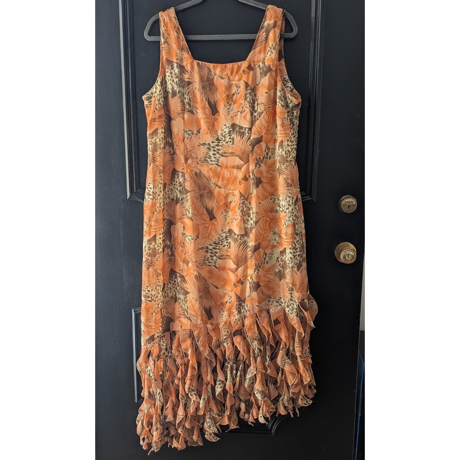 Vtg Chiffon Tropical Leopard Ruffle Midi Dress Asymmetrical Hem Sz 14 Cocktail