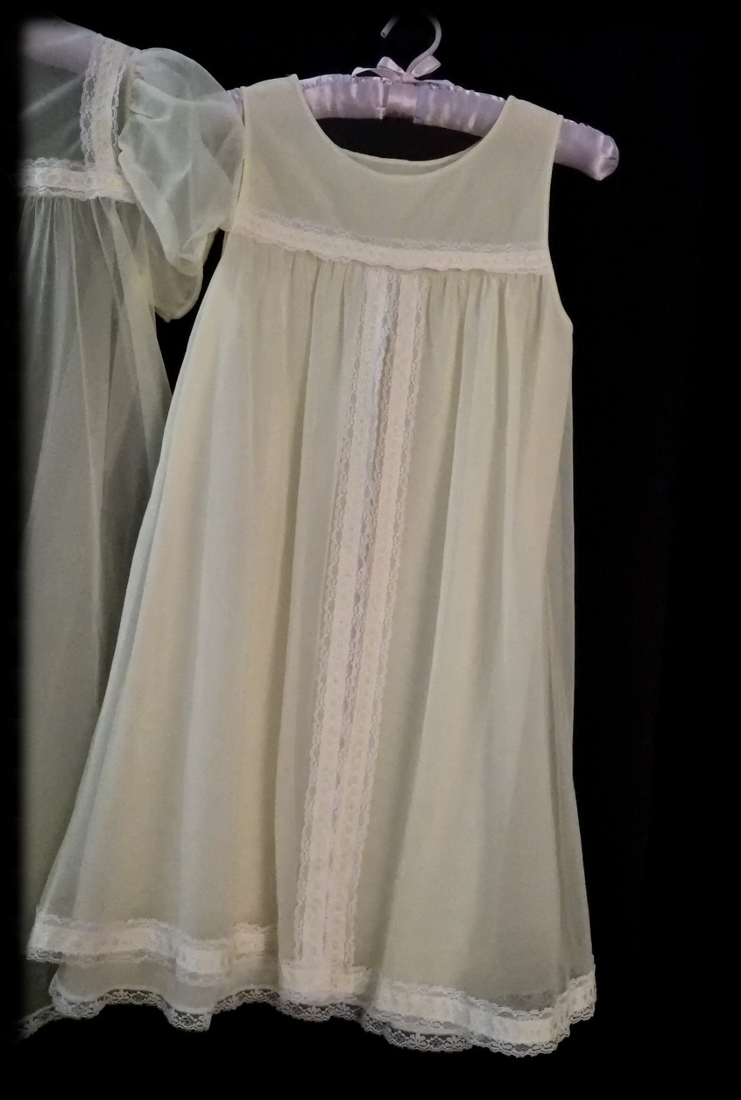 2pc Vintage YELLOW Nightgown PEIGNOIR Robe Set SHEER Chiffon BABYDOLL Dress XS/S