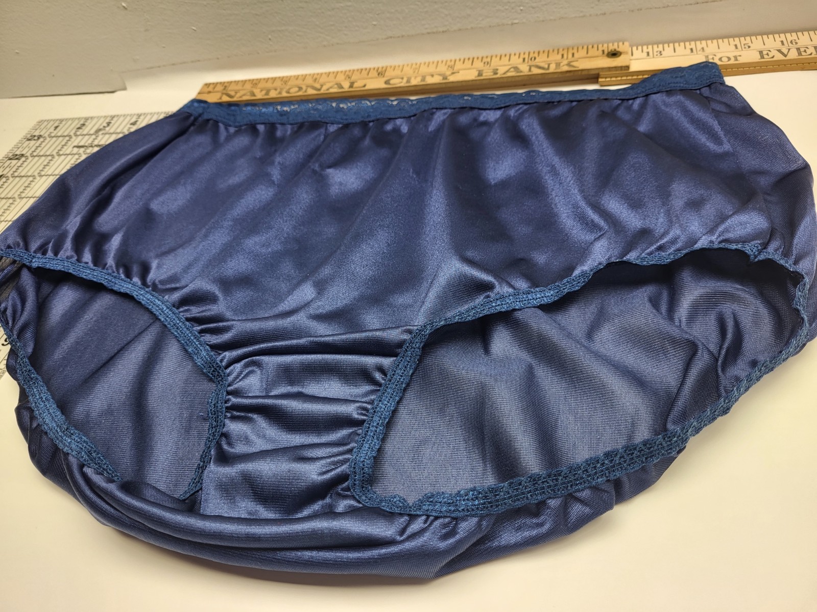 Vtg Navy Blue Satin Solid With Navy Iridescent Waist Lace Elastic Sz10 01111