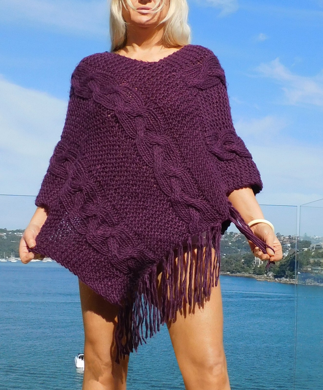 VINTAGE Boho 1970s Original Hippy Textured Crochet Knit Fringed Retro Poncho
