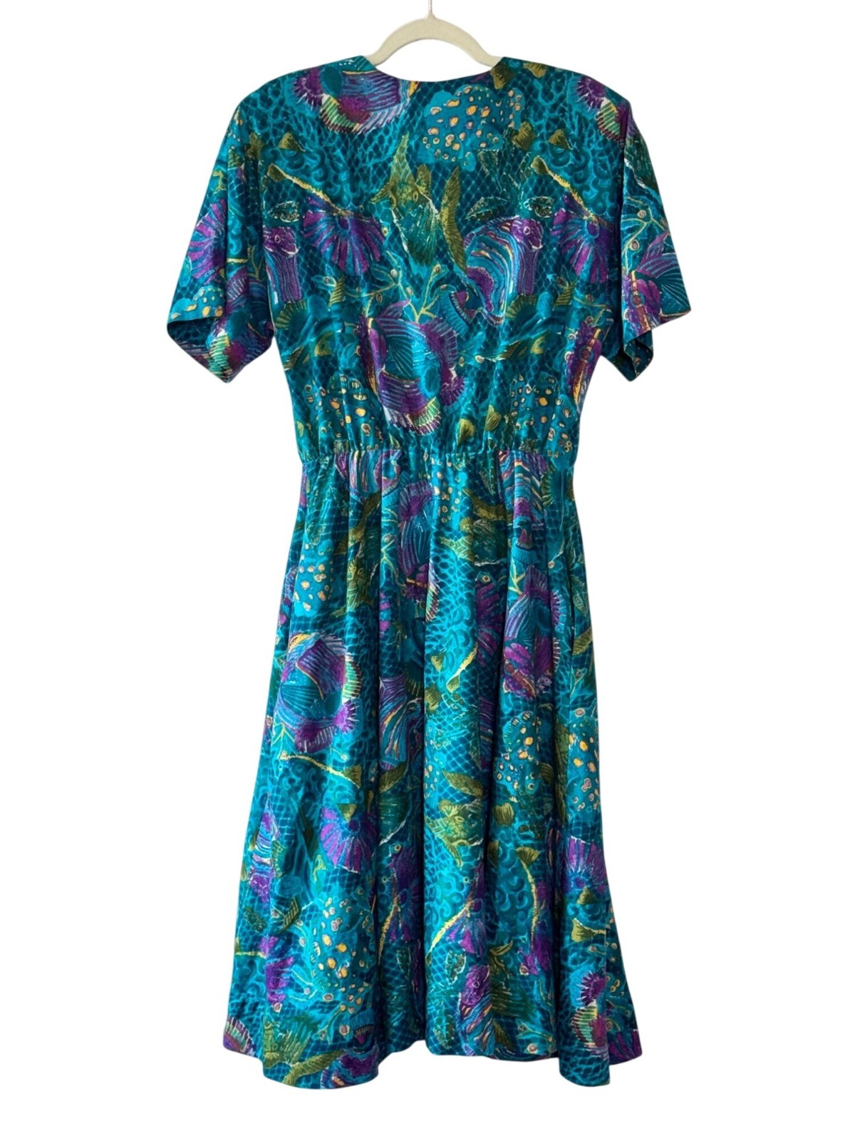 Vintage 80s Melissa Teal Abstract Tropical Print Midi Dress Pockets – Modern Lar