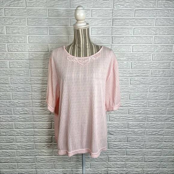 Vintage Blair Light Pink Shirred Ruched Short Sleeve Shirt with Lace Accent 2XL