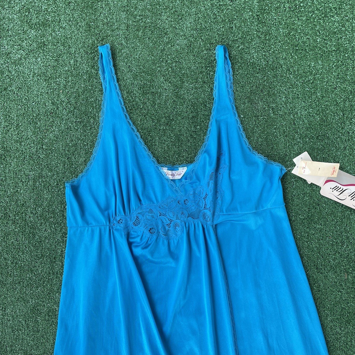 VANITY FAIR Vintage Dark Teal Blue Long Tank Nightgown WOMANS LARGE