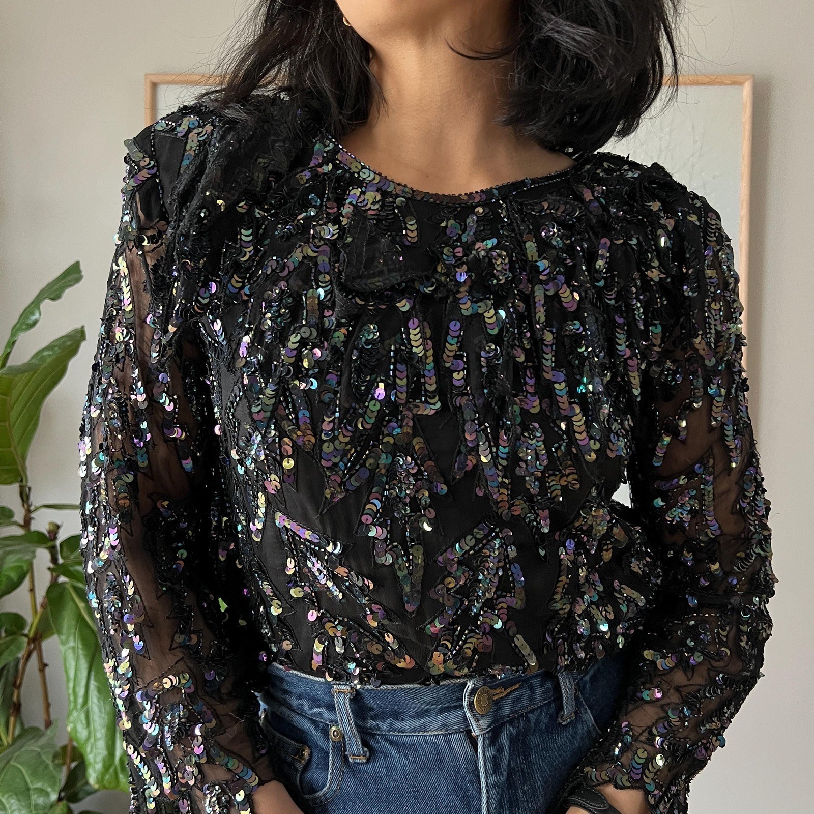 Vintage Silk Sequin Blouse Black Sheer Party Top 90s Y2K Glam Evening