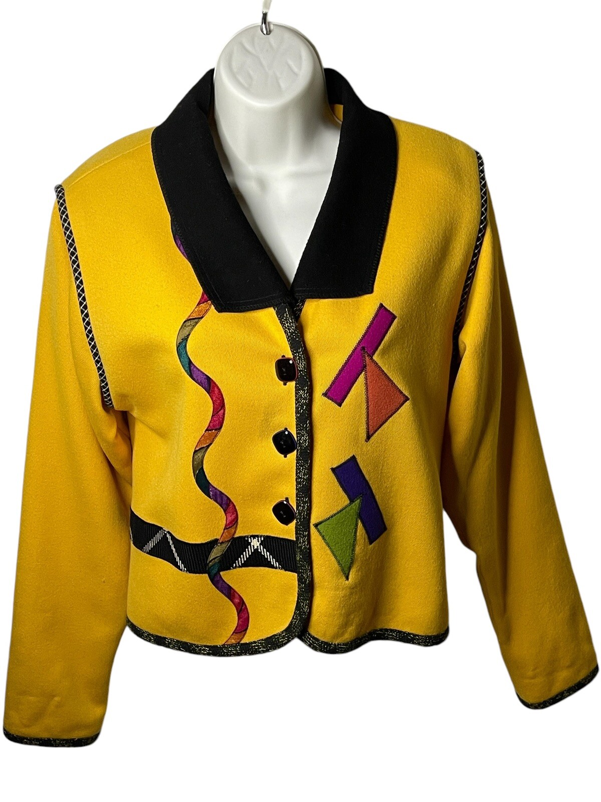 LYNN MURRAY Vintage 90&rsquo;s 100% Fine Wool w/Appliques Art to Wear Yellow Jacket M