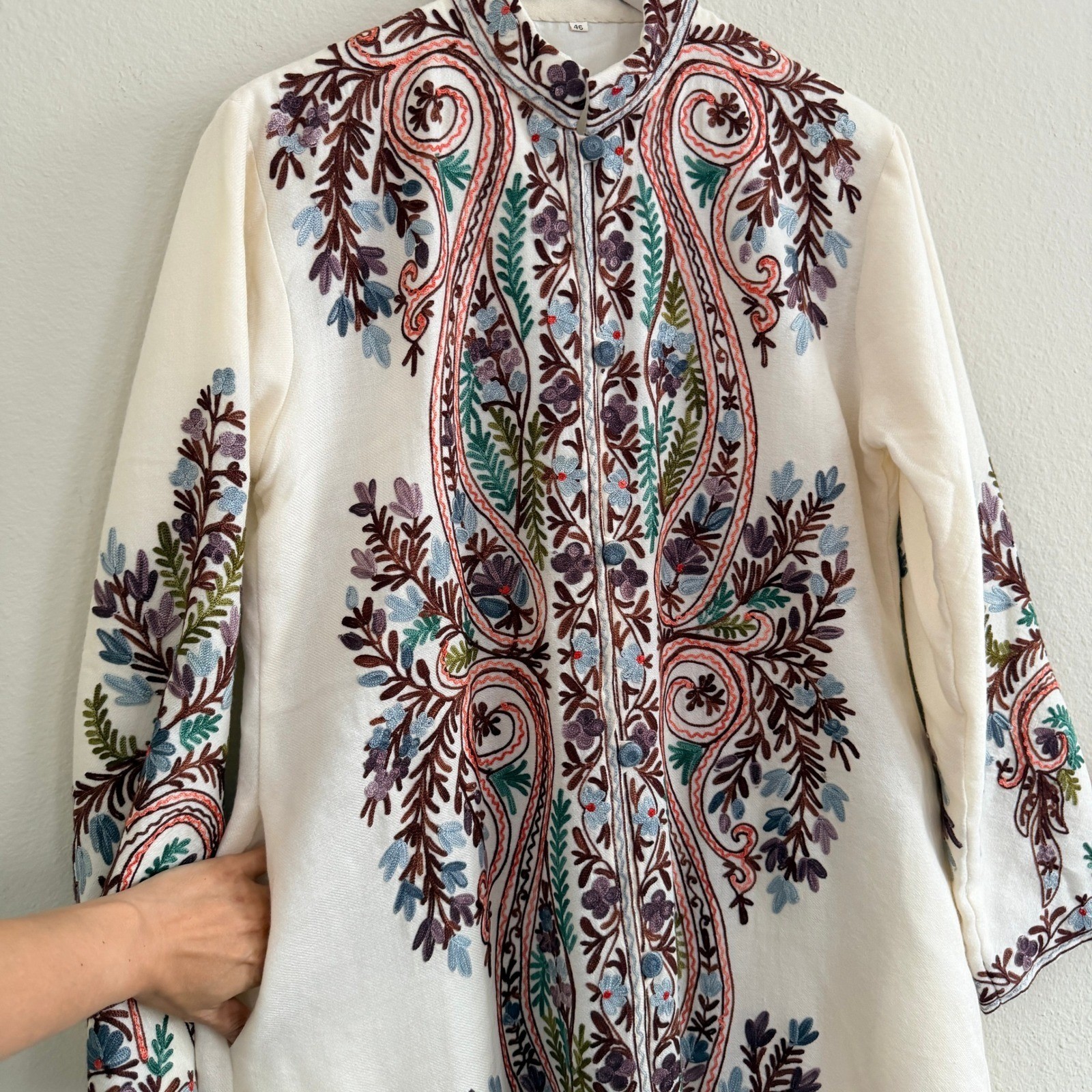 Woolen Coat Long Jacket Off-White, Multicolor Embroidery Size 46 (14, XL) Boho