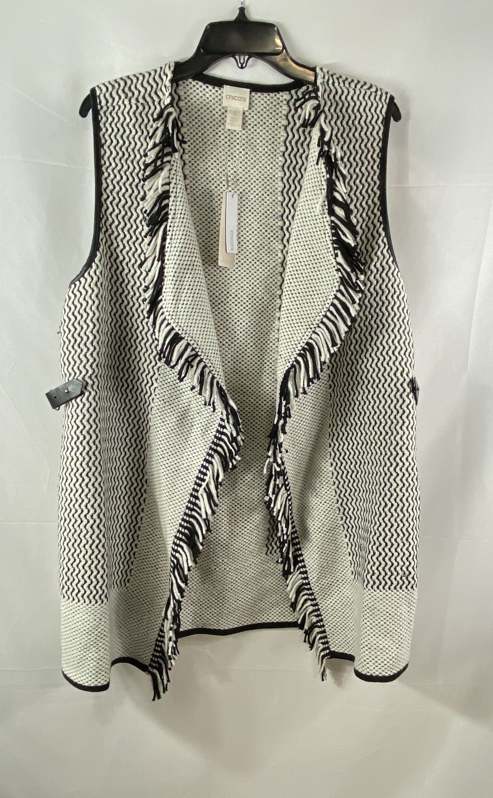 Chico&rsquo;s Women&rsquo;s Ecru Black Textured Gigi Vest Sweater Fringed Faux Leather Sz 3