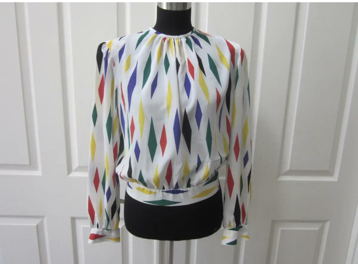 VTG 80&rsquo;s LLOYD WILLIAMS White w/ Multi Color Diamond Print Long Sleeve Shirt 8