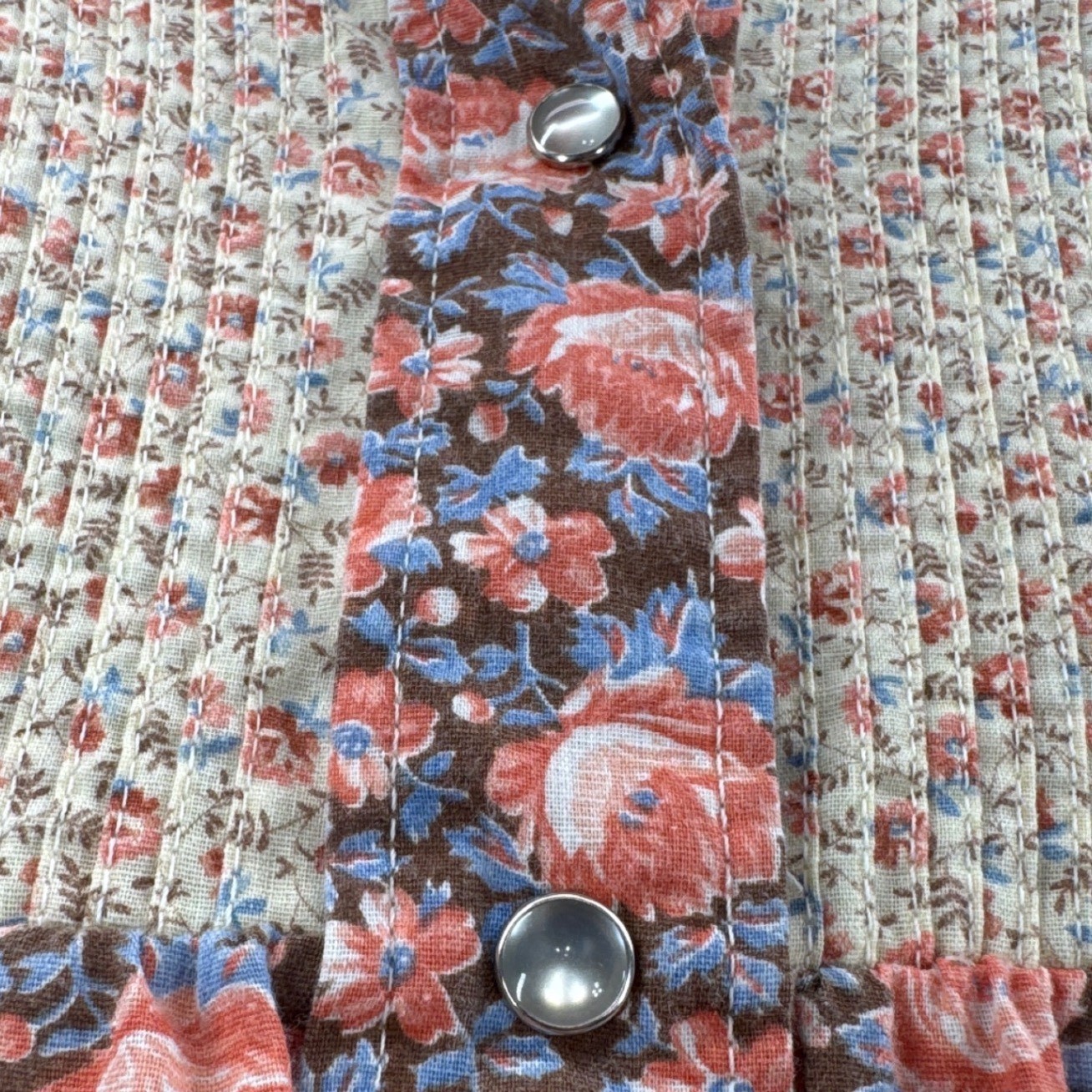 Vintage Studio Coat Floral House Dress Pearl Snap Front Pintuck Bib USA Large