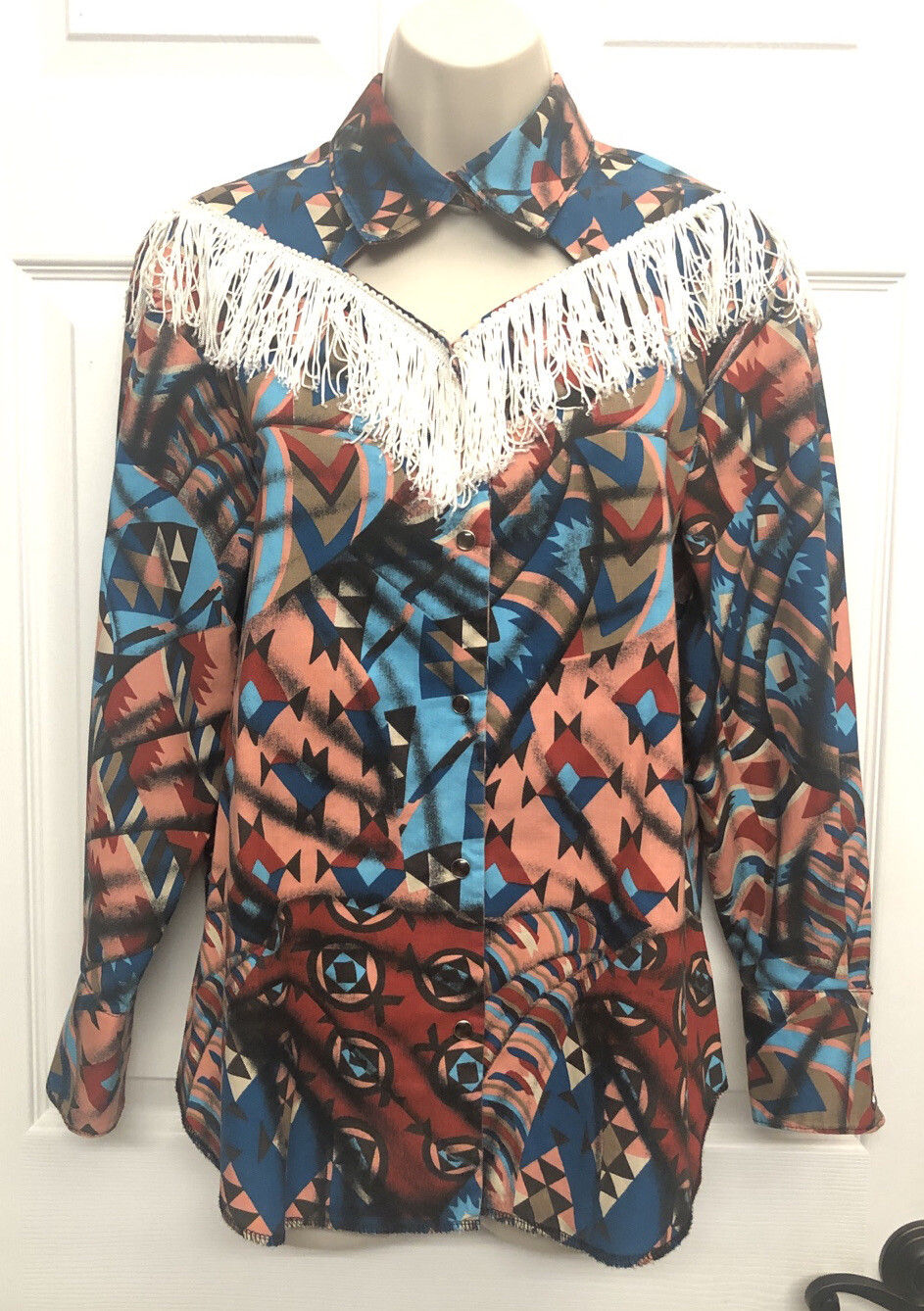 Vintage Western Wear Aztec Print Fringe Women’s Shirt No Size Tag Square Dancing