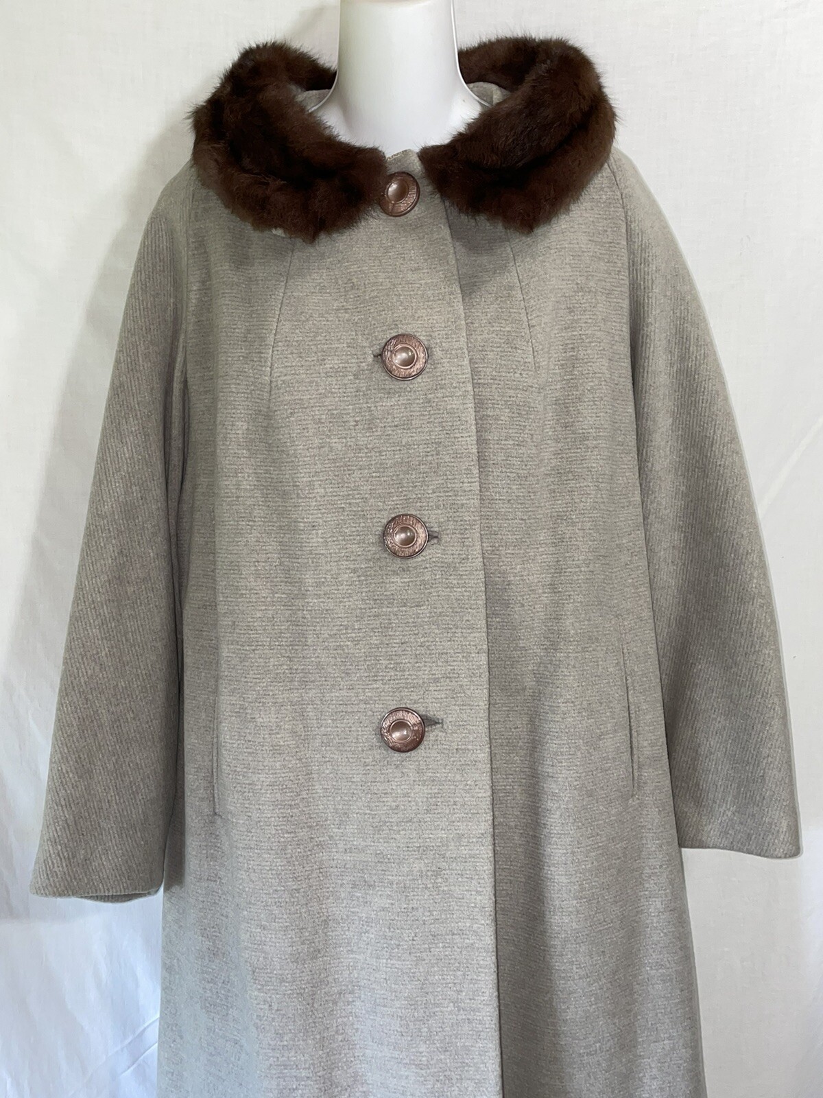 Vintage Coat Medium Large Long Gray Faux Fur Trim Overcoat Evening Jacket 50s
