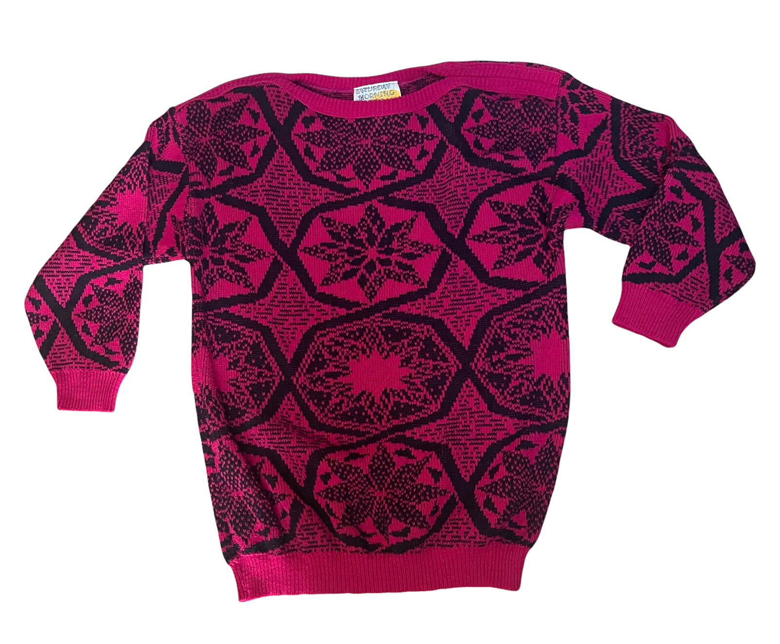 Vintage 1980s Sweater Boat Neck SATURDAY MORNING Unisex Large Pink & Black USA