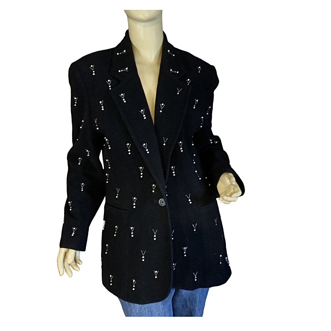 VINTAGE 1980&rsquo;S FOCUS 2000 BLACK WOOL & CASHMERE BLEND BEADED BLAZER SIZE 12