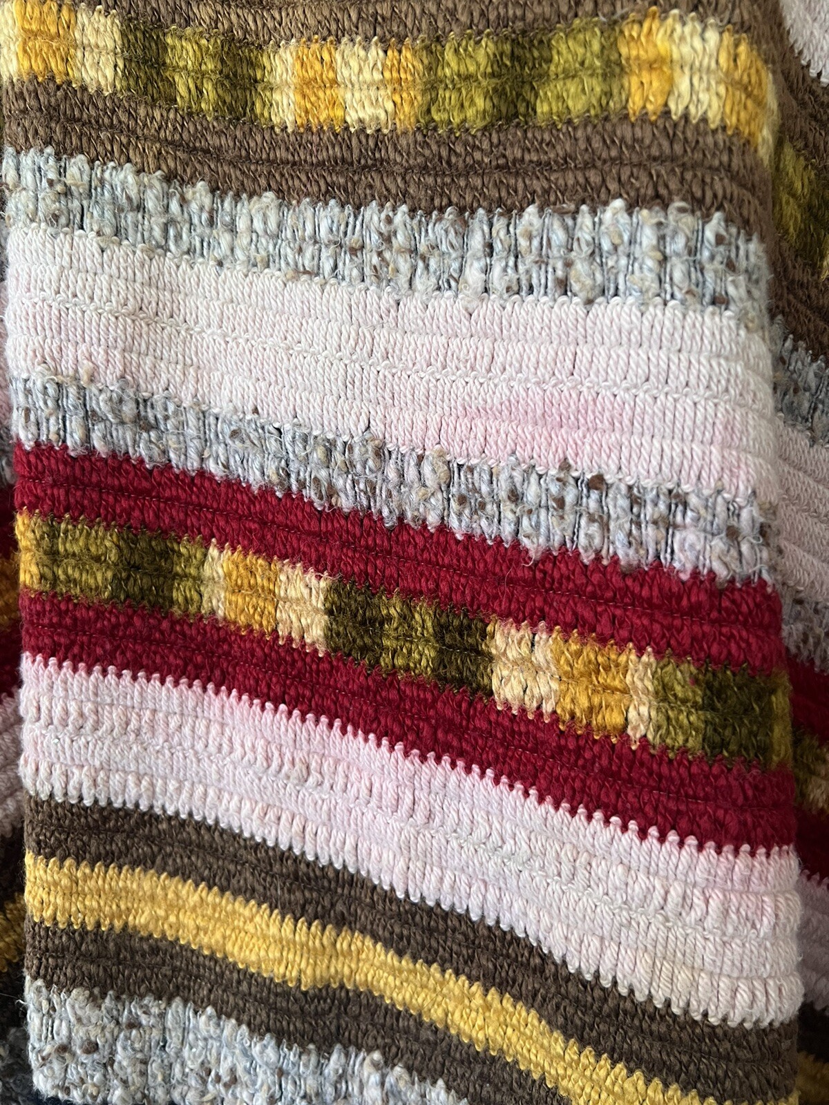 Vtg 60s 70s Unique Boho Multi Fabric Textile Fiber Art Knit Poncho Sweater S M L
