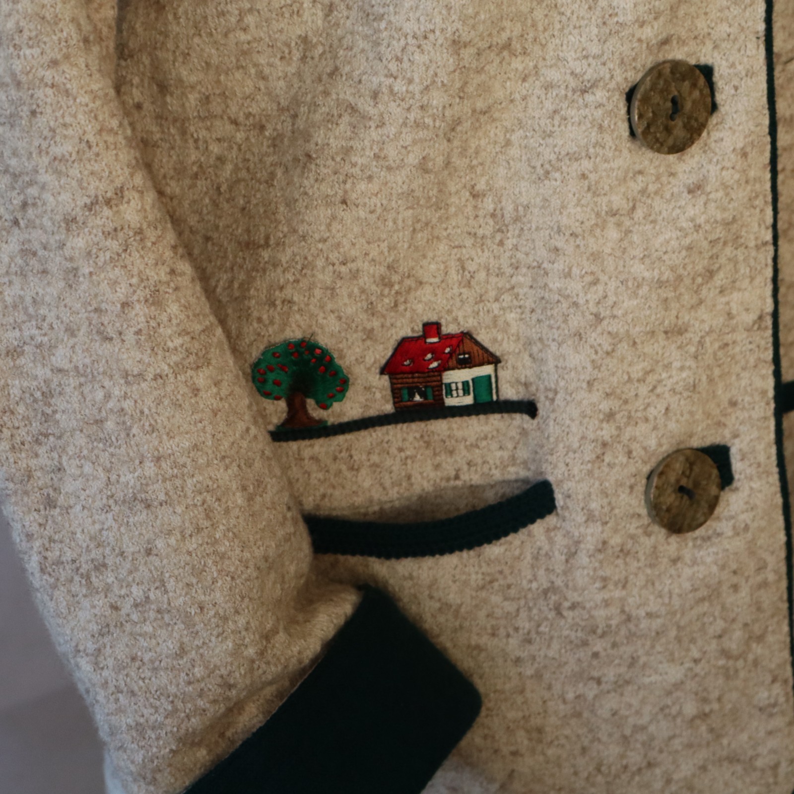 Vtg Wool Chenille Arber Jacket Tan, Green Knit w Embroidery Sz 36 Small Germany