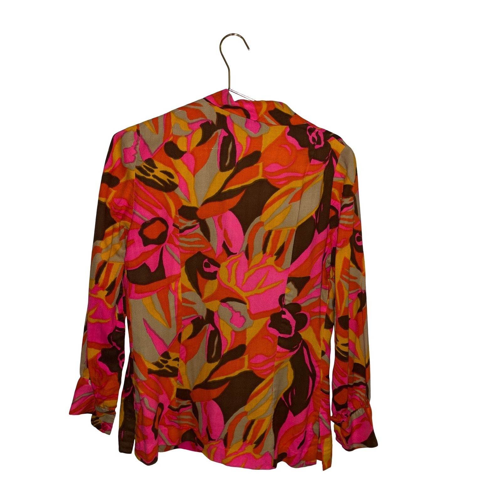 Vintage 70s Floral Blouse Pink Orange Abstract Retro Button Up Top P2P 20&Prime;