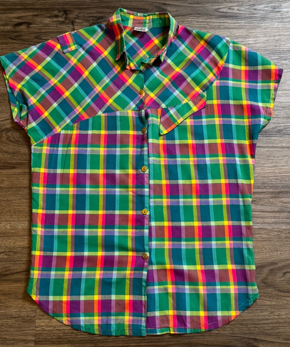 Vintage 80s Rainbow Plaid Button Down Camp Shirt Retro Dopamine Quirky Top