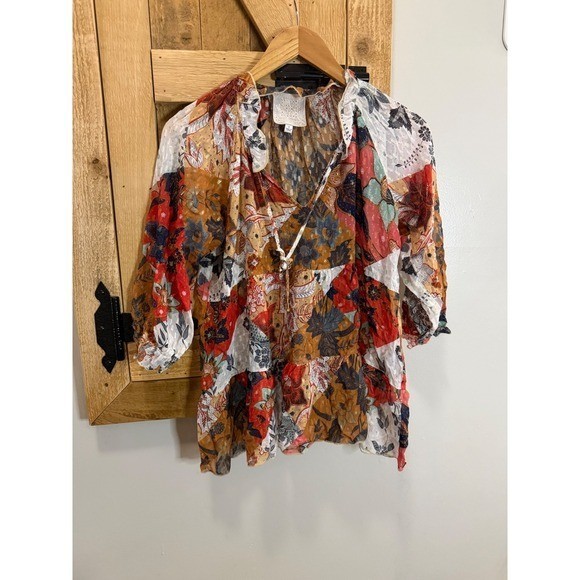 Johnny Was JW Los Angeles Patchwork Floral Tiered Boho Blouse Rust Mustard Small