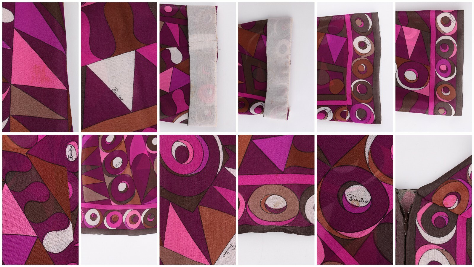 EMILIO PUCCI c.1960s 2pc Purple Multicolor Op Art Silk Blouse Pants Set Ensemble