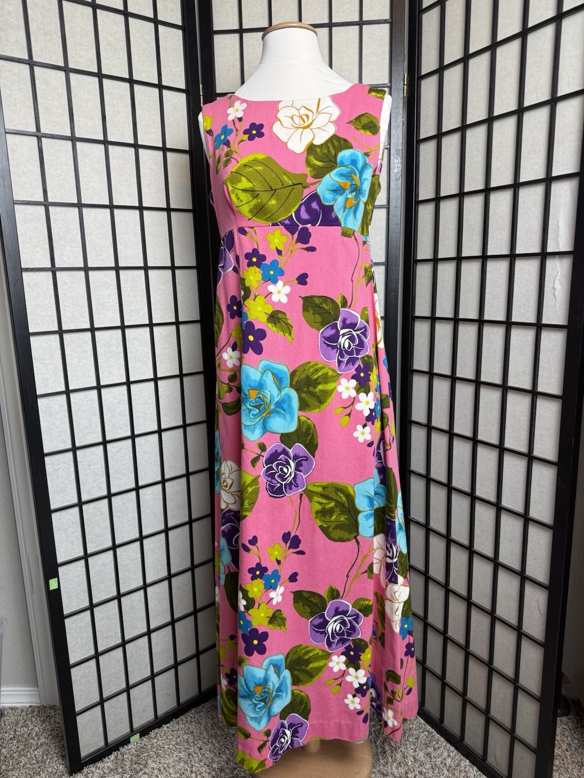 VTG 60s Ui-Maikai Hawaiian Pink Floral Barkcloth Maxi Dress Resort Tiki Luau