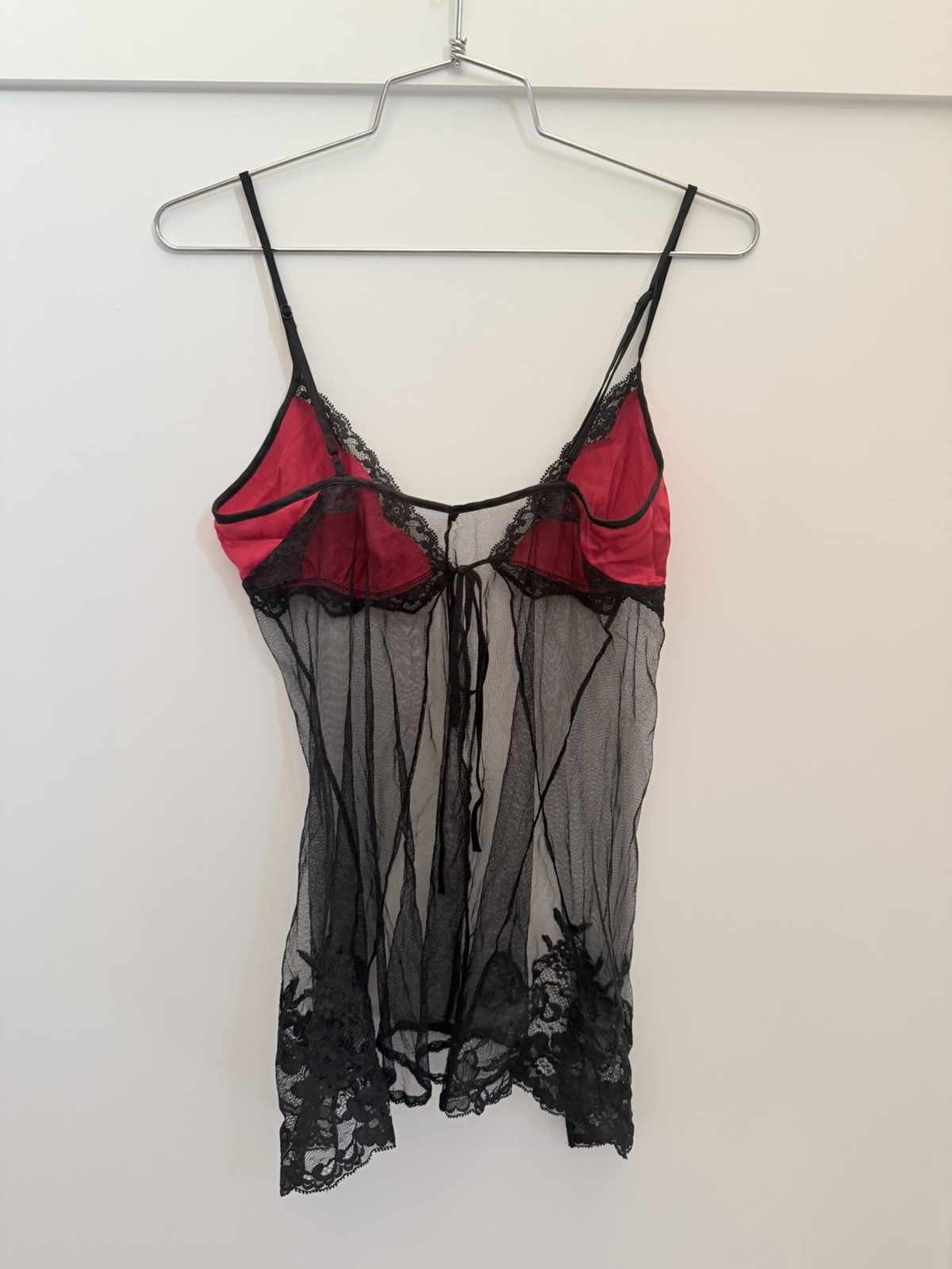 Vtg 2001 VICTORIA’S SECRET Red Silk Black Mesh Babydoll Flyaway XS Y2K Archival