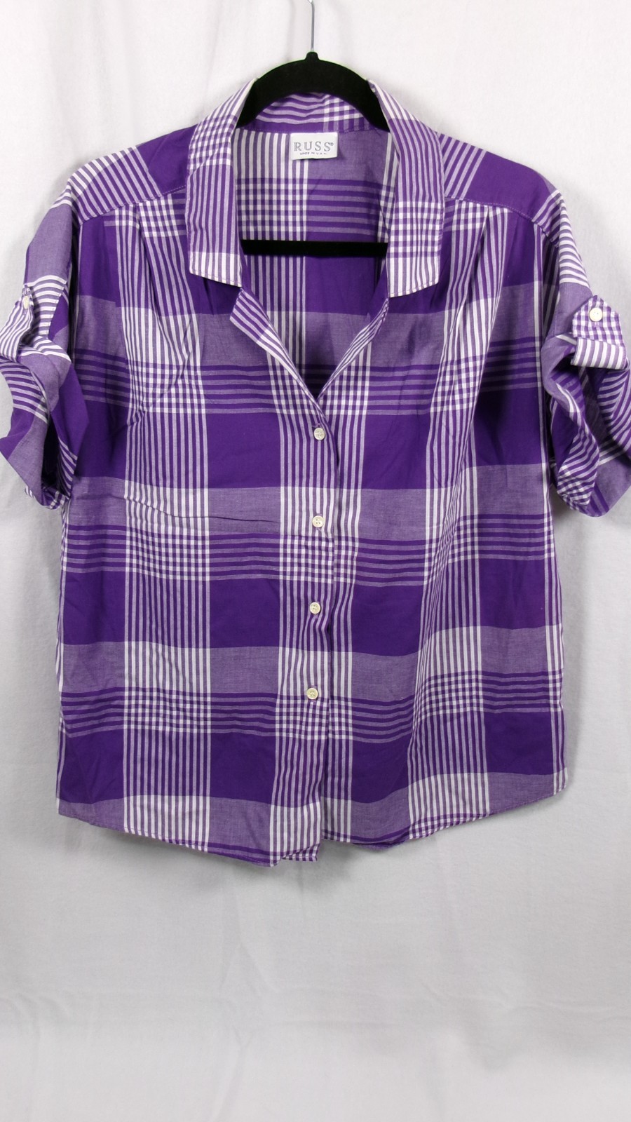 Vintage RUSS Purple Plaid Short Sleeve Button Up Shirt Made in USA ILGWU Union