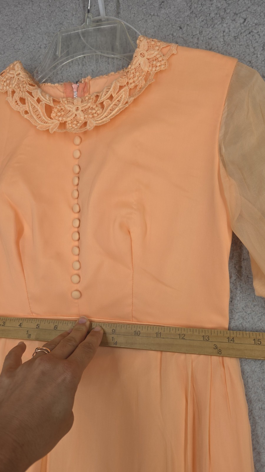 1970s Dress Size 4 Peach Silk Chiffon Long Sleeve Maxi Bridesmaid Vintage
