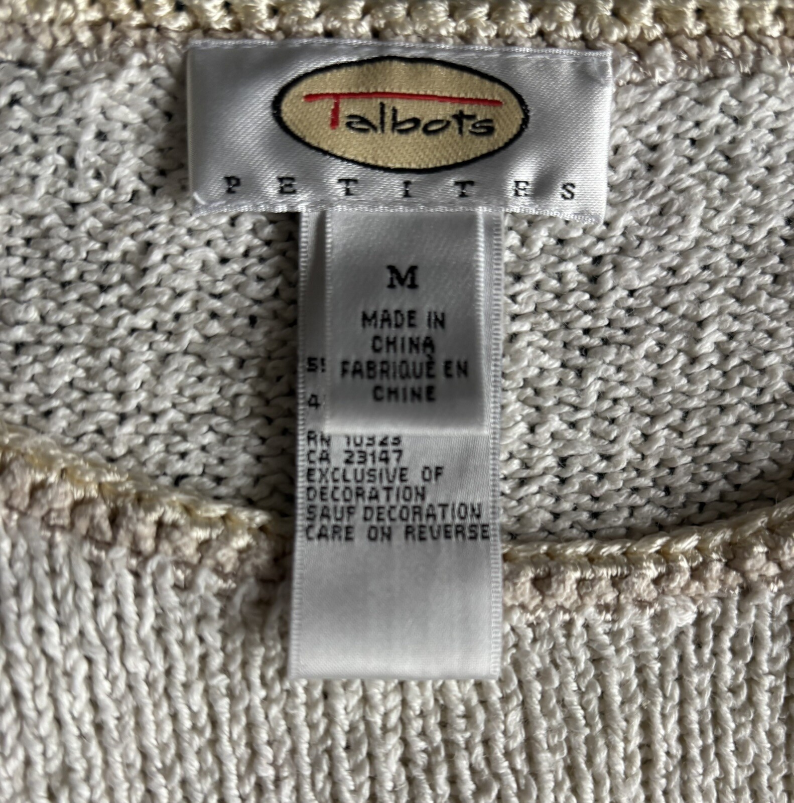 Vintage 90s Talbots Petites Beaded Floral Sweater M Ramie Cotton Beige