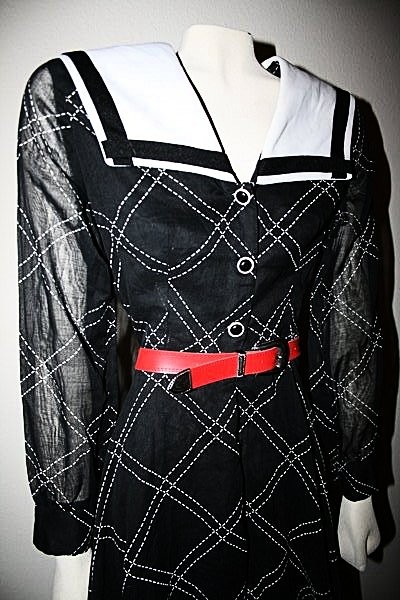 1960s Vintage Black & White Print Shirtwaist Dress w/ Wide Collar Sz 10