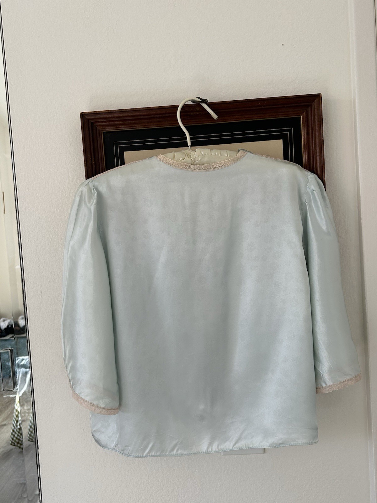 1930s Blue Satin Bed jacket With Lace And Deco Art