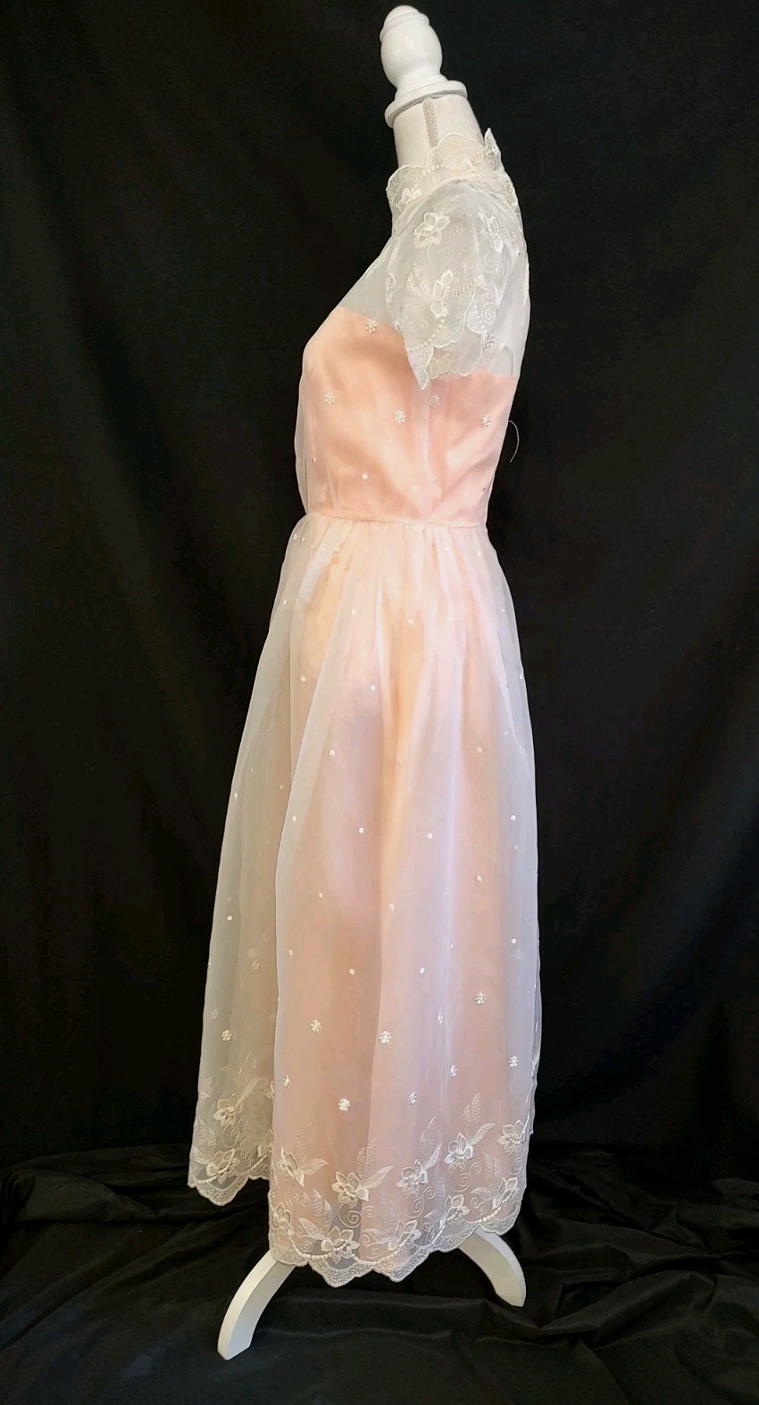 Vintage 80&rsquo;s does 50&rsquo;s Dress Peach Satin & White Lace Party Prom Formal Midi S