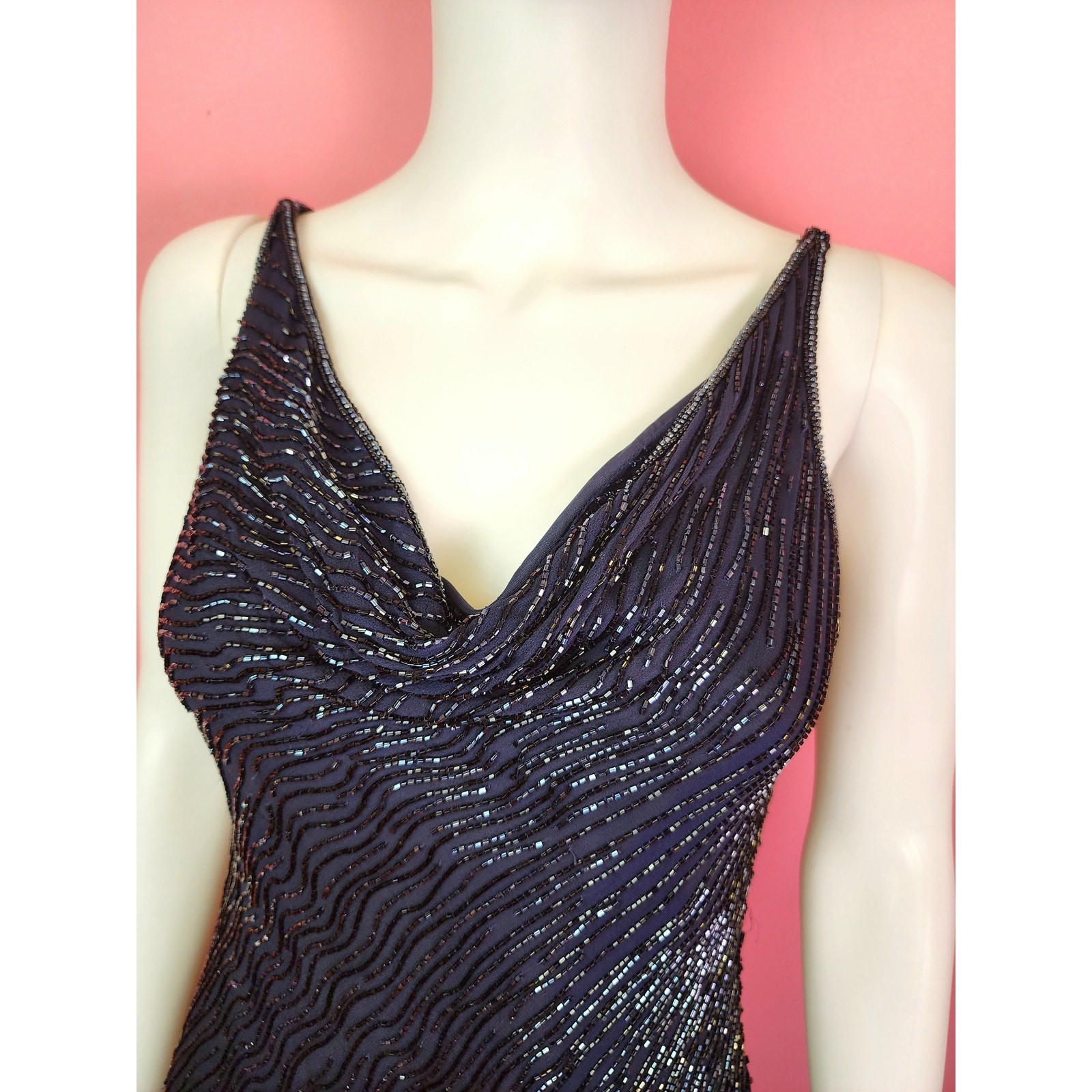 Vintage 1990&rsquo;s Silk Midnight Blue Beaded Cowl Neck Prom Dress Evening Gown