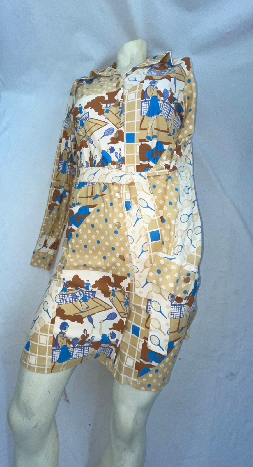 VTG 60S 70S WOMENS S TENNIS ALL OVER PRINT DISCO RETRO FUN CUTE DRESS