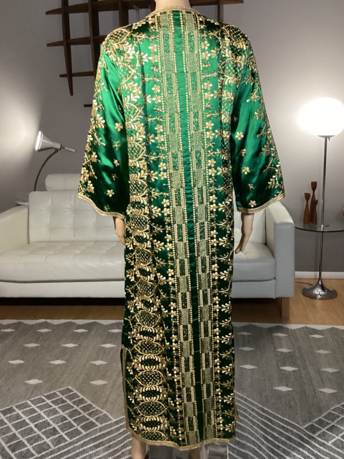 Gorgeous Vintage Moroccan Green Silk Caftan Heavy Gold Embroidery 1960&rsquo;s