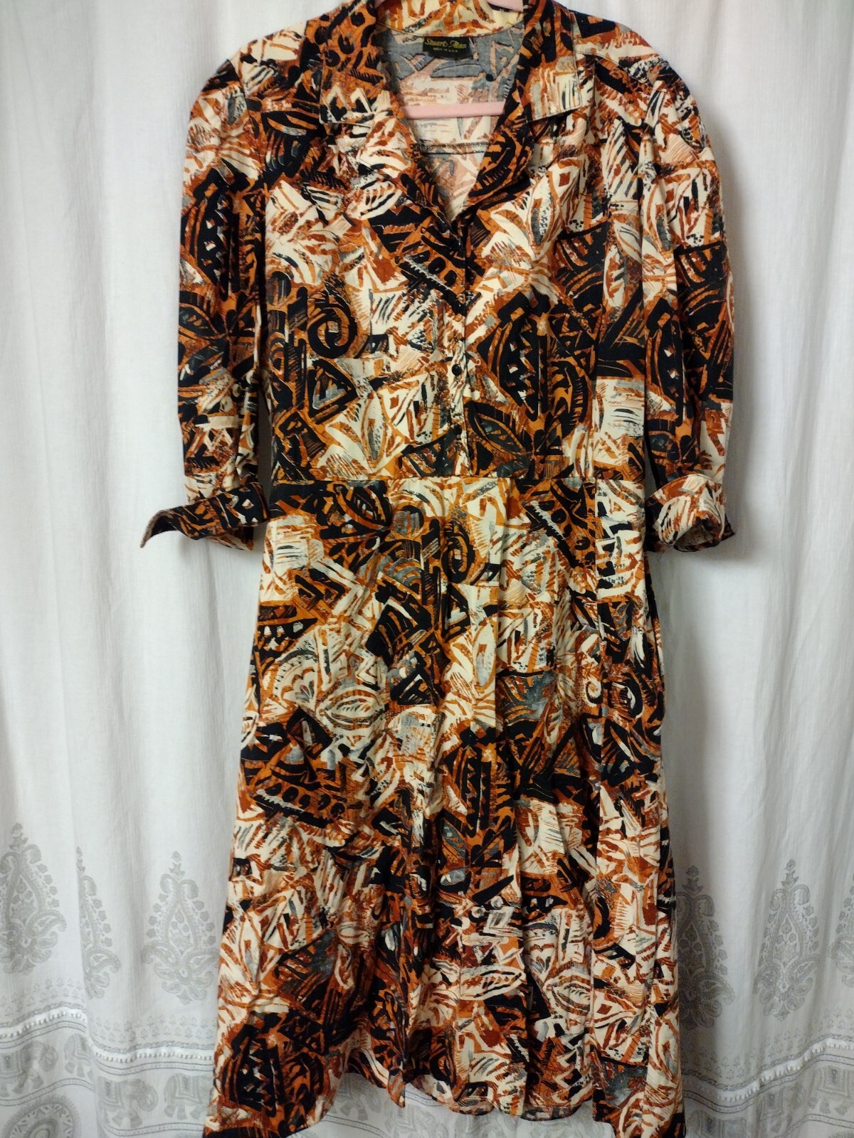 Stuart Alan Size 18 Vintage A-line Brown Print Dress Button Front Collar Womens