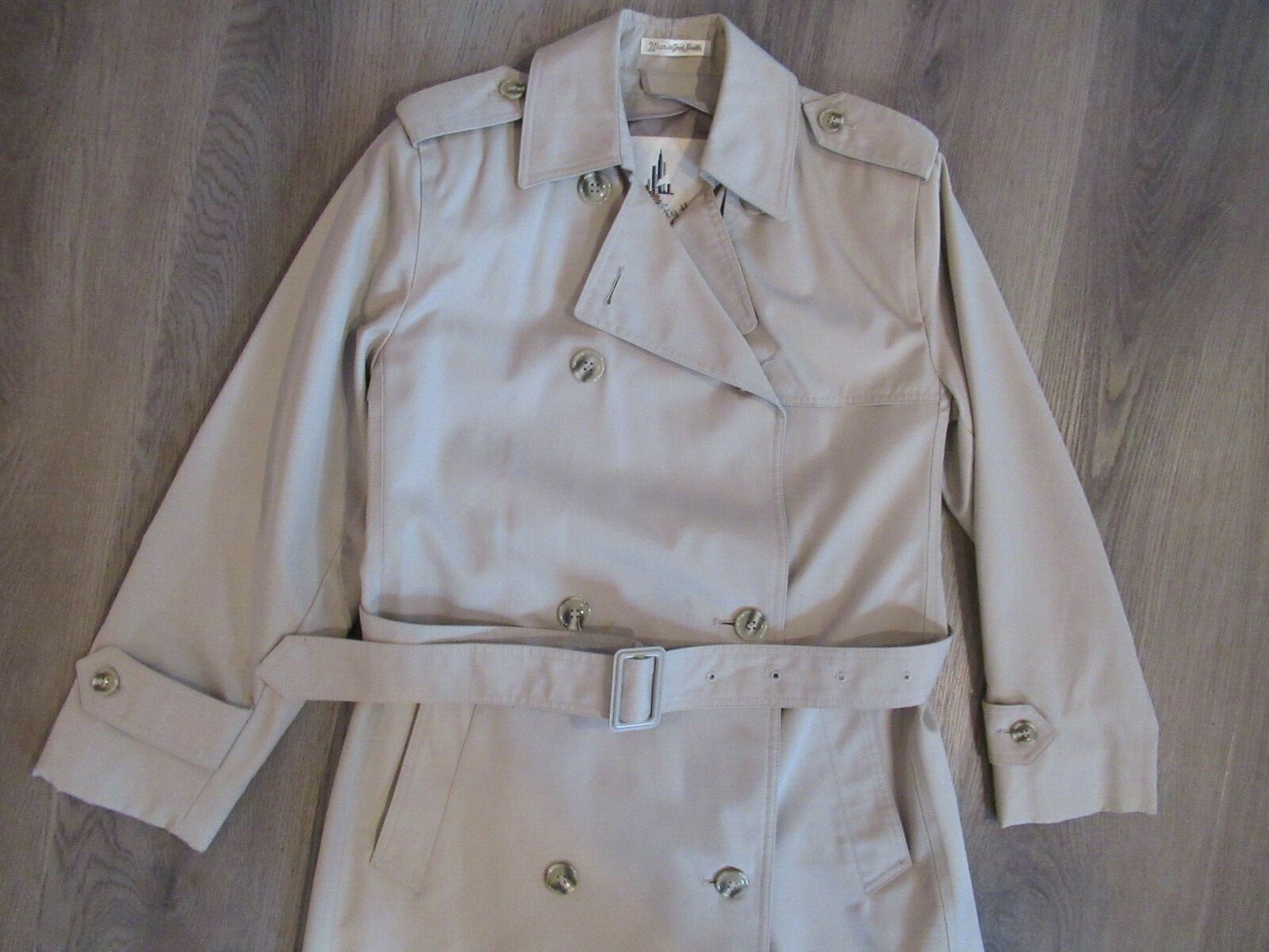Vintage Misty Harbor Khaki Beige Double Breasted Collared Long Jacket Rain Coat