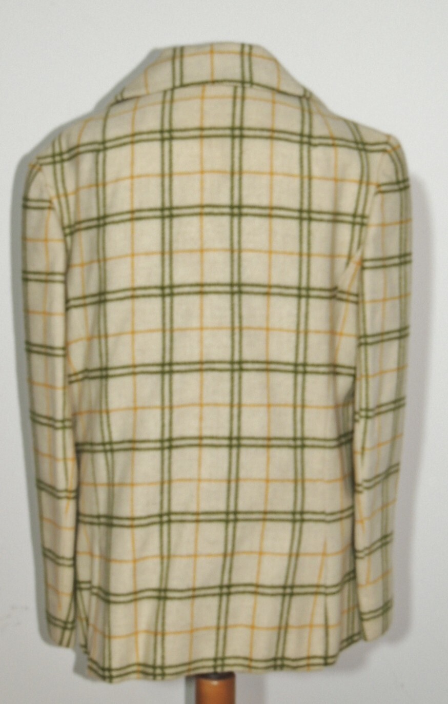 1960&rsquo;s Green / Orange / Ivory Plaid Double Breasted Wool or Blend Jacket MED