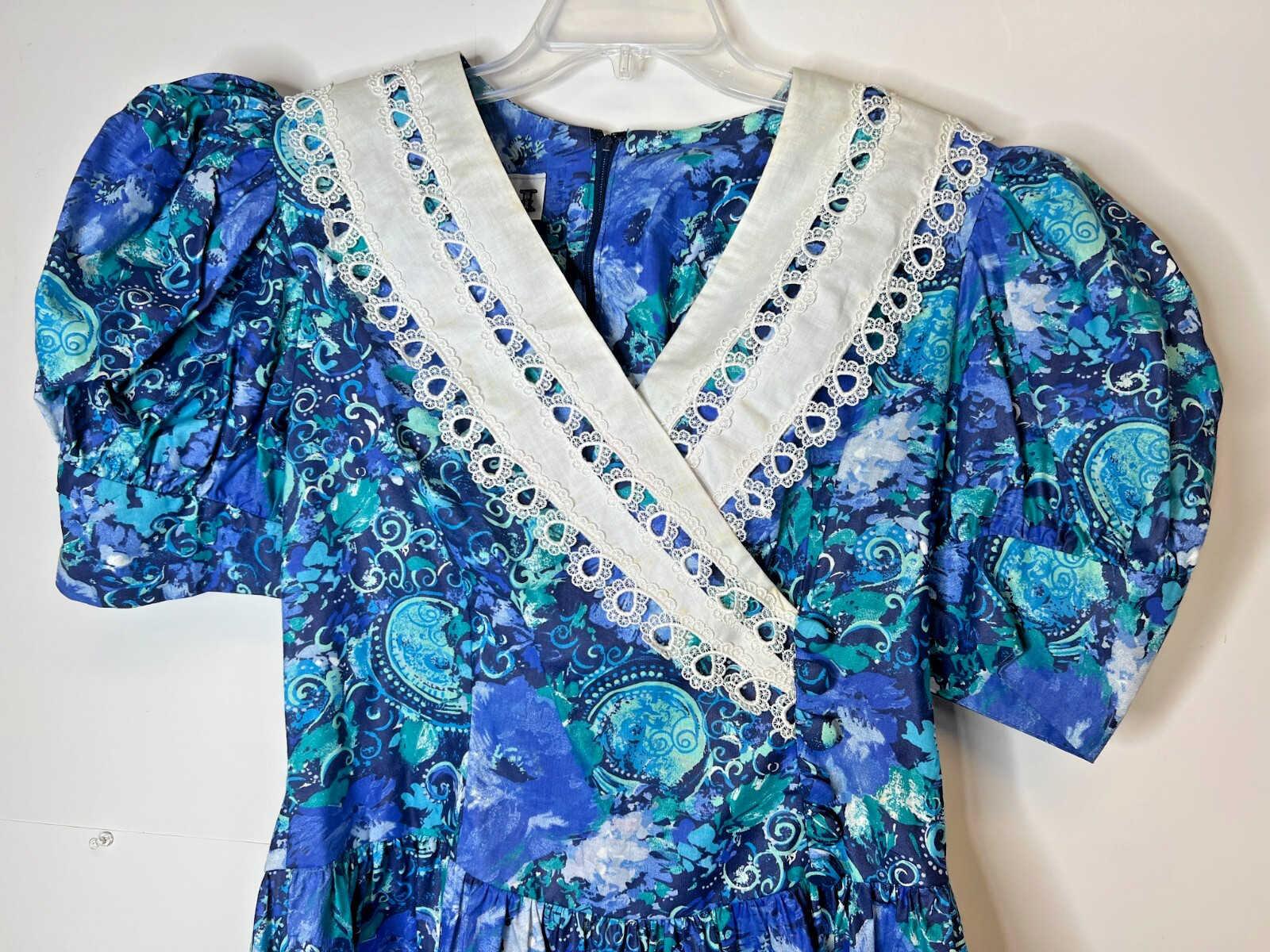 VTG ACT I Women&rsquo;s Size 10 Blue Floral Garden Party Dress Full Skirt Lace Collar
