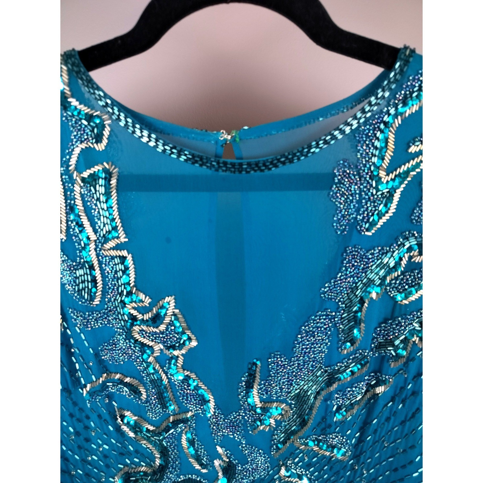 Vintage Liptons Silk Beaded Sequin Mini Dress Teal Blue Illusion Neck Cocktail