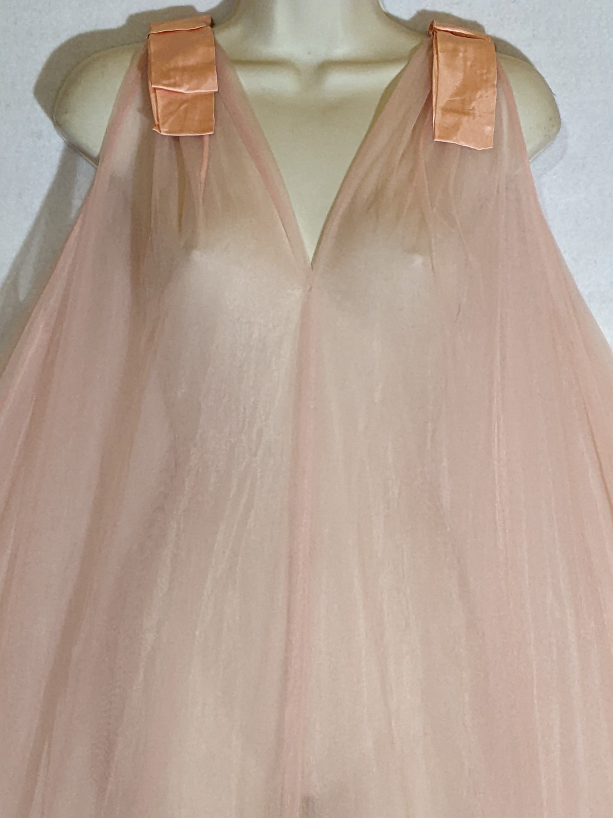 Vintage Double Layer Shear Chiffon Satin Bow Luxurious Lace Peignoir Robe M L XL