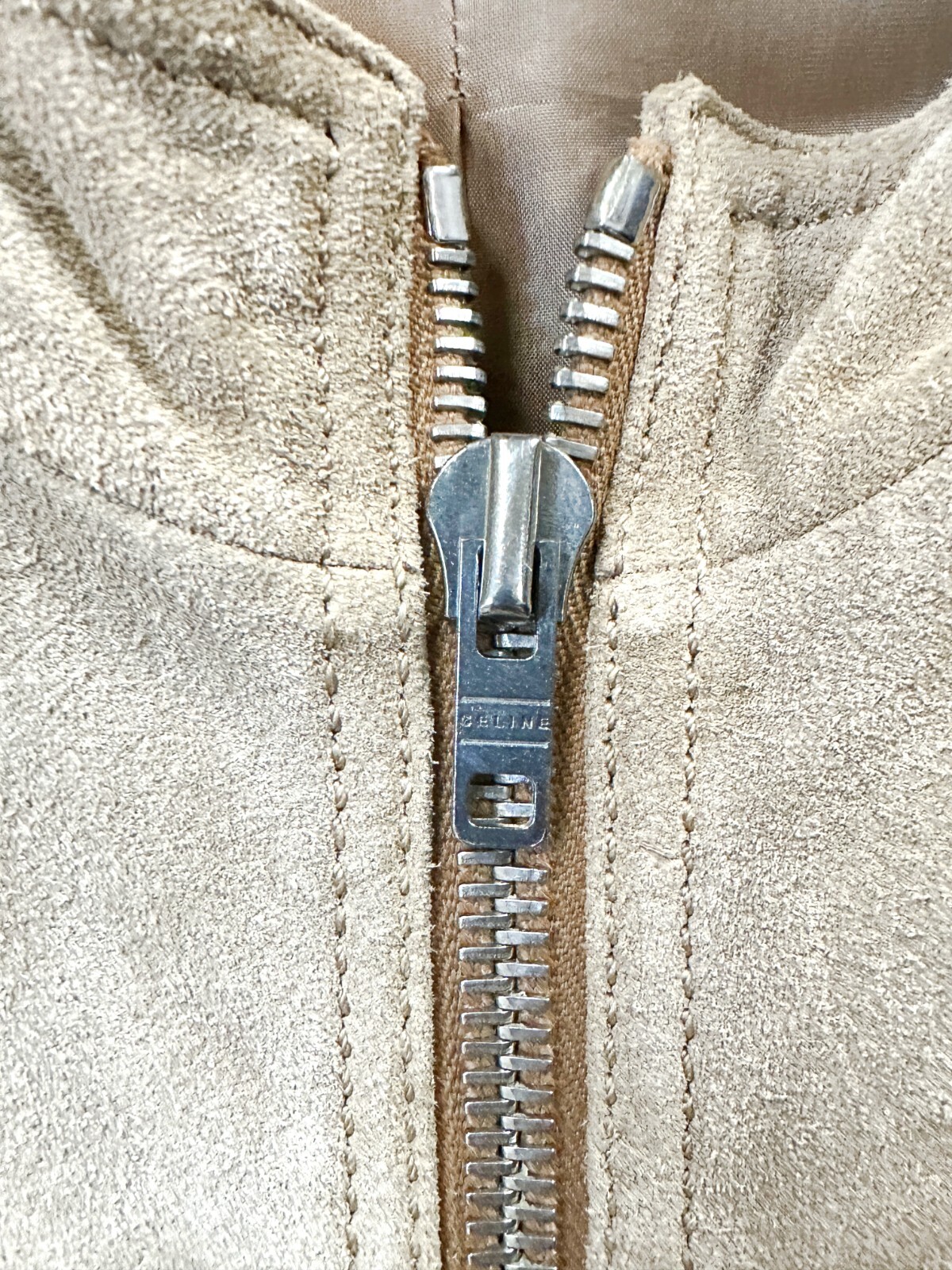 CELINE Camel Beige Genuine Suede Leather Zipper Pockets Lined Coat 6 8 VINTAGE