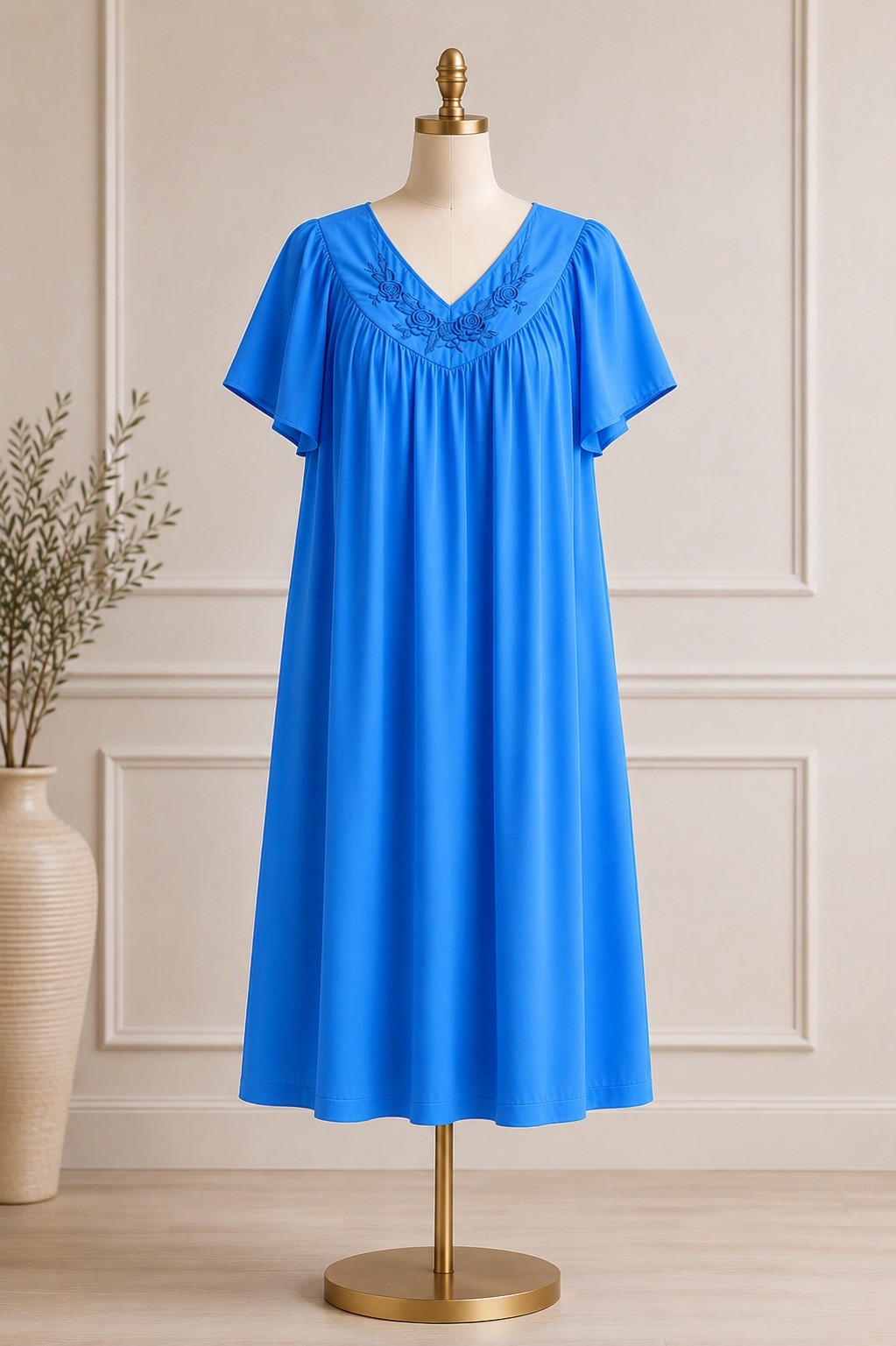 VTG Shadowline 1X Blue Nightgown Nylon Embroidered Floral Plus Size Soft